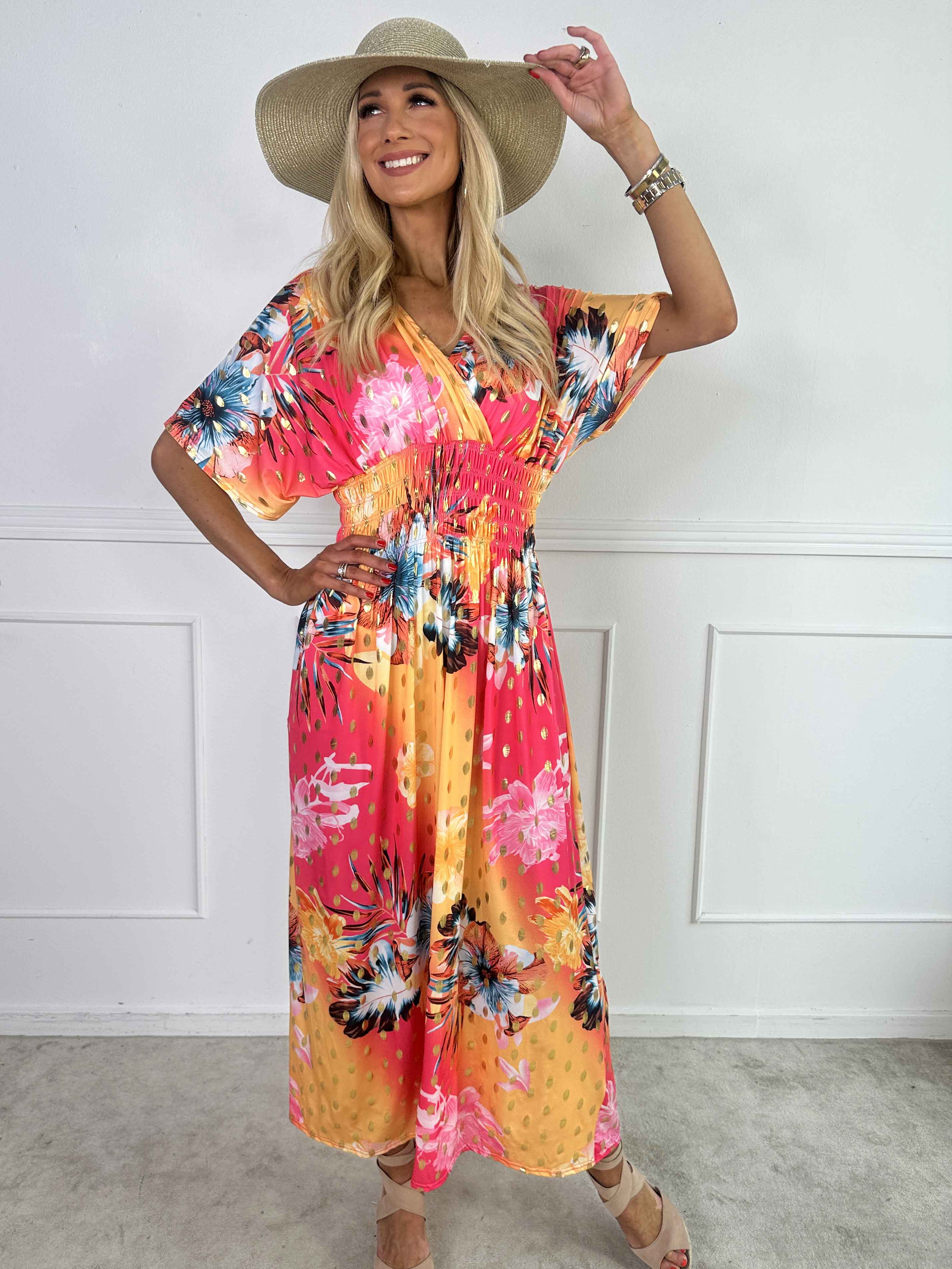 Pams Hawaii - Lang kjole i elastisk stof med blomsterprint